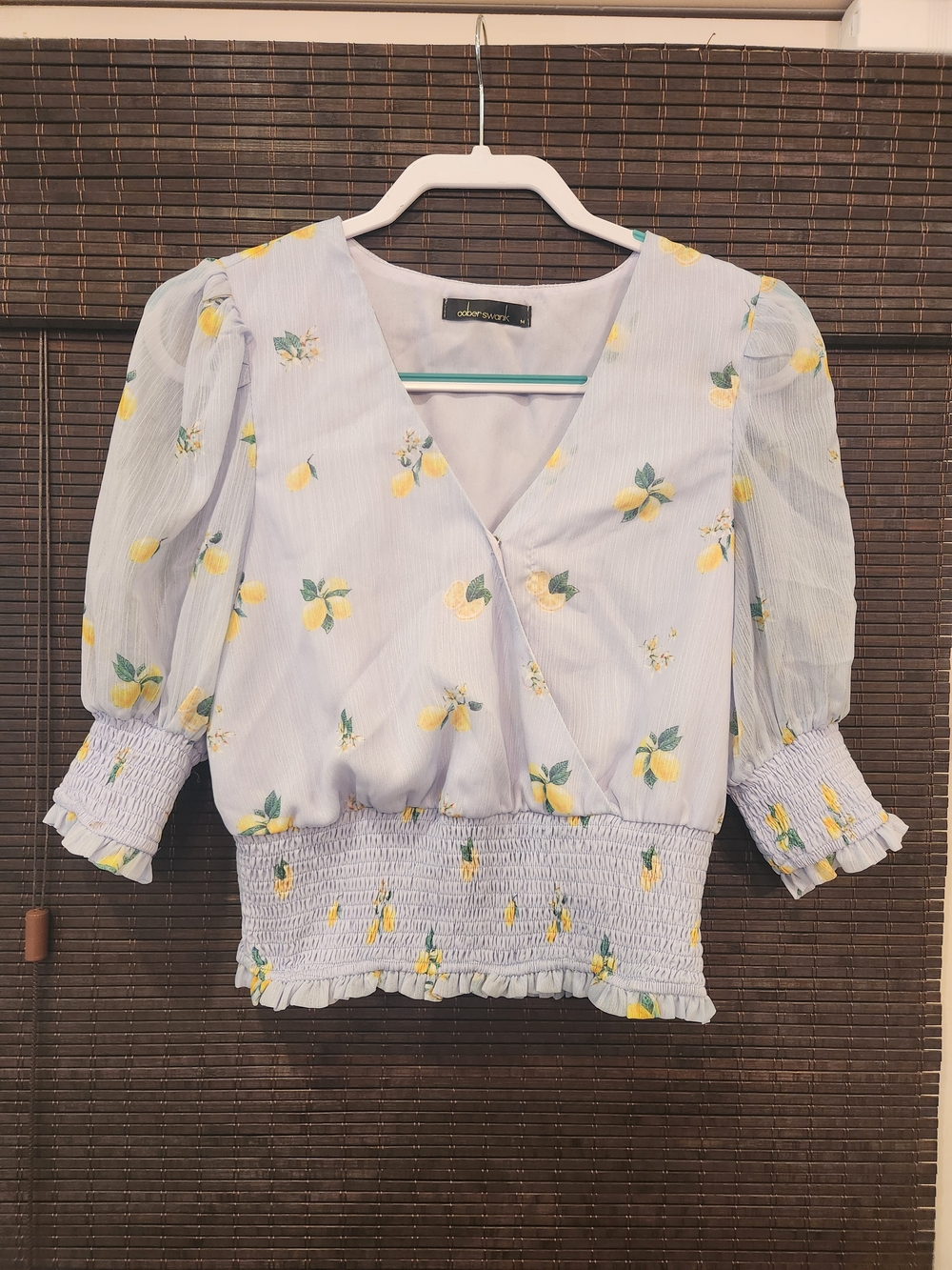 Lavender Lemon-Print Wrap Blouse